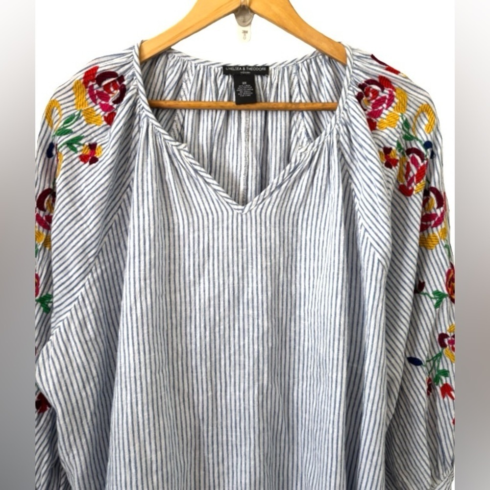 Chelsea & Theodore blu strp w embr & tassel linen/cotton blnd qtop SZ 3X peasant - Picture 3 of 7